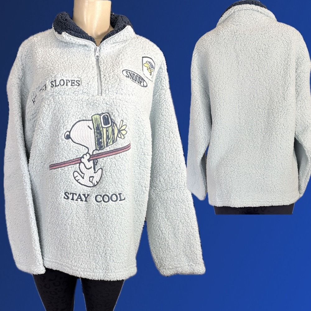 Peanuts Blue Snoopy Skiing XXL Sherpa Fleece Quarter Zip Pullover Long Sleeve